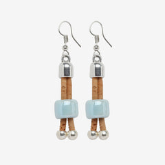 Earrings in Natural Cork with Blue Ceramic Beads - Silver