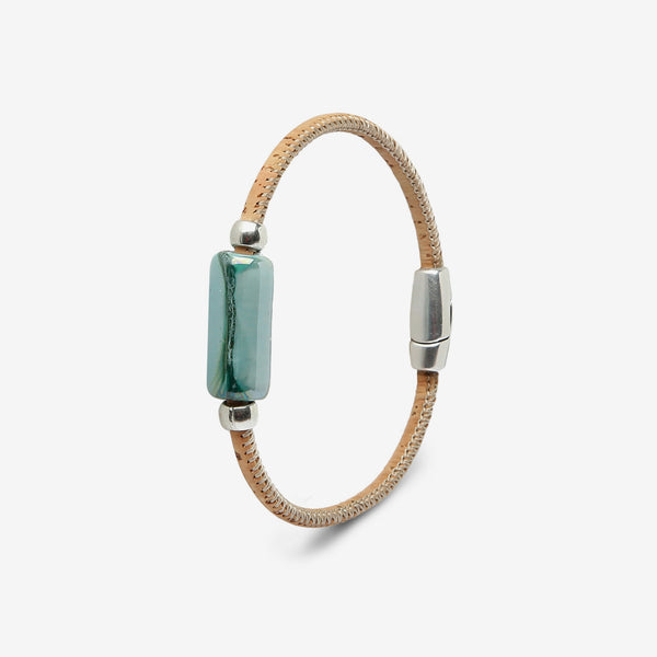 Pulseira em Cortiça Natural com Cerâmica Verde e Contas Prateadas