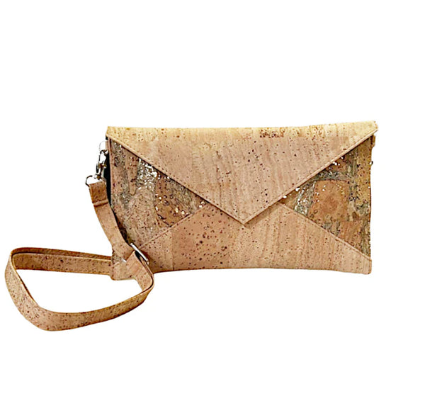 Mala Envelope em Cortiça Natural e Dourado Camuflado